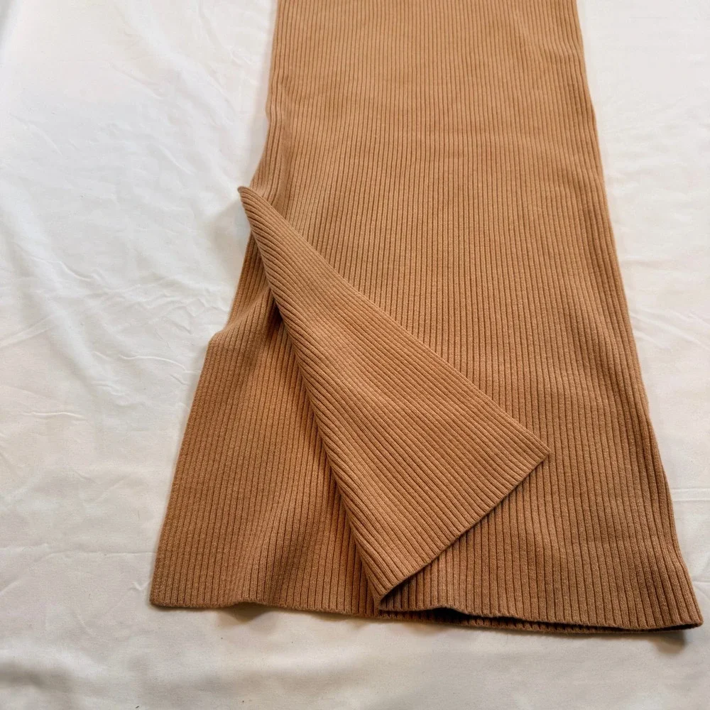 Lilyful Camel Brown Ribbed Knit‎ Maxi Skirt Side Slit Bodycon Stretch Small